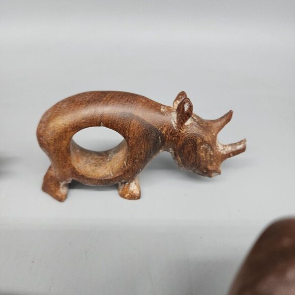 X4 African Wooden Napkin Ring Holders Animals Elephant Fish Rhino Hippo 3" - Picture 4 of 8